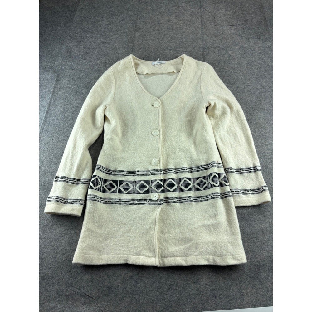 Venario Womens S? 100% Wool Longline Cardigan Geometric Tribal Quiet Luxury Prep